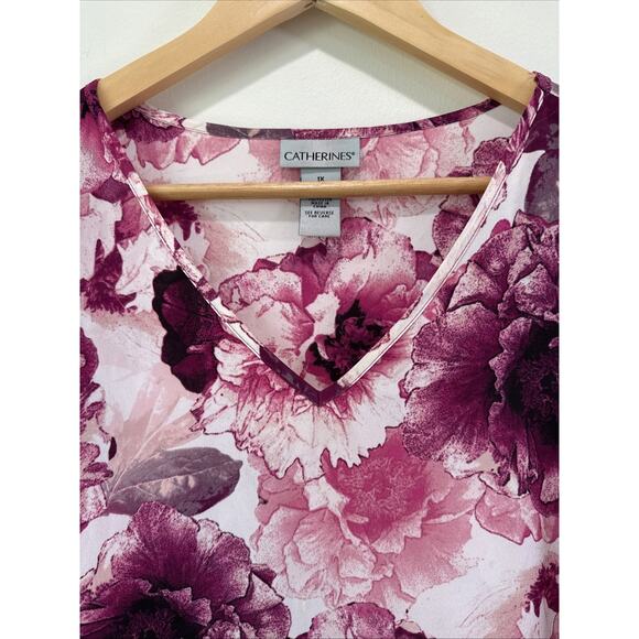 Catherines Pink Floral Tunic Top Sz 1X Accordian Wide Bell Sleeves Peasant Boho - Picture 5 of 7